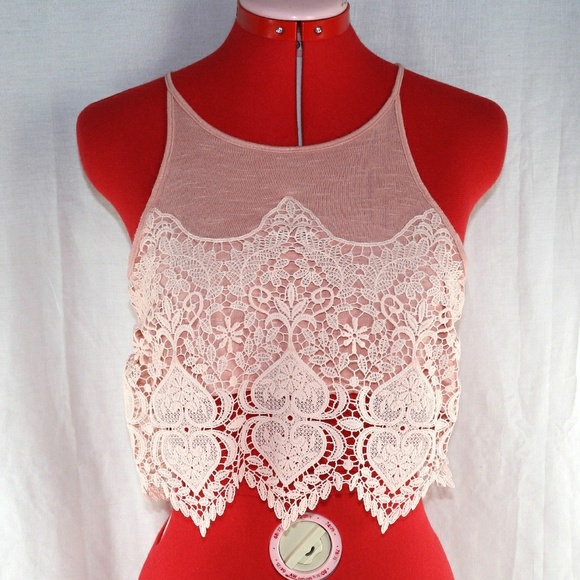 Tops - dusty pink and cream lacy eyelet crop tank top